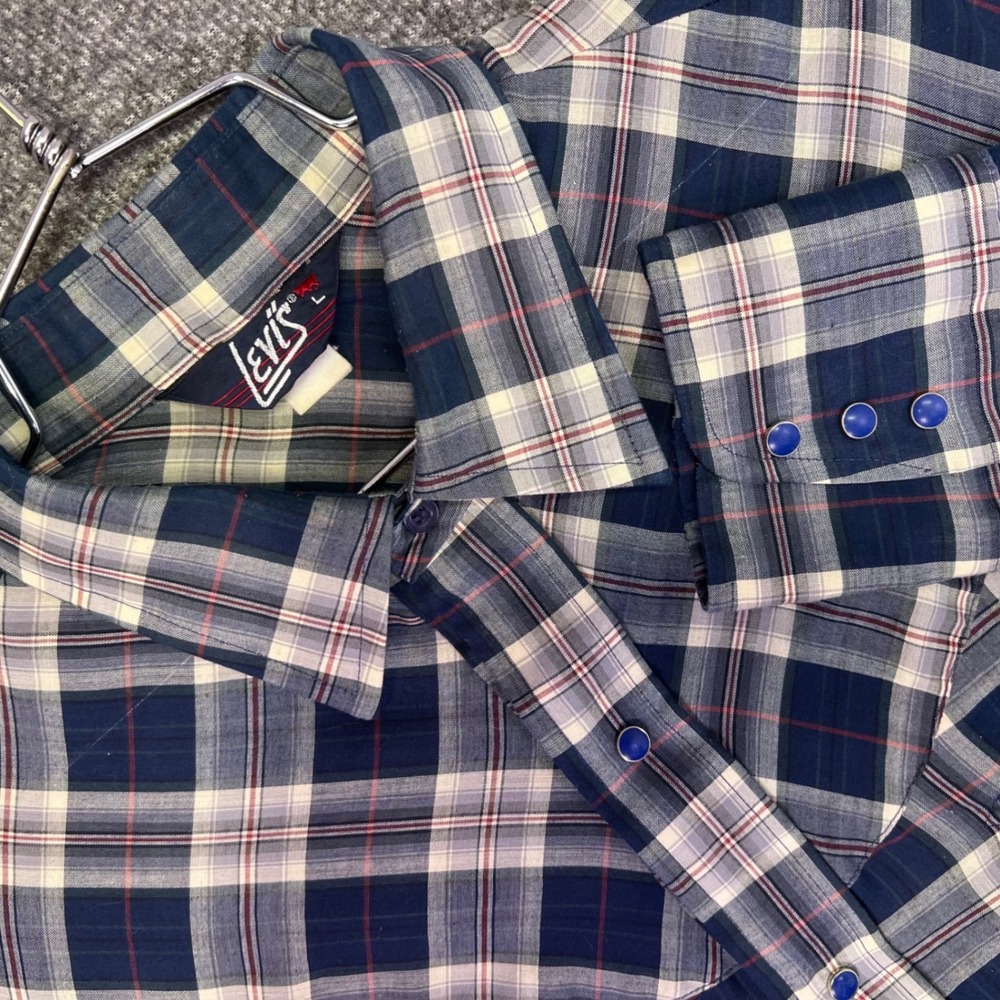 Levis Western Shirt Mens L Plaid Pearl Snap Smile Pocket Vintage Cowgirl Retro